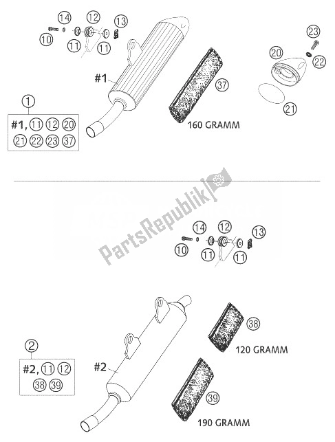 All parts for the Silencer 125 of the KTM 125 EXC SIX Days Europe 2004