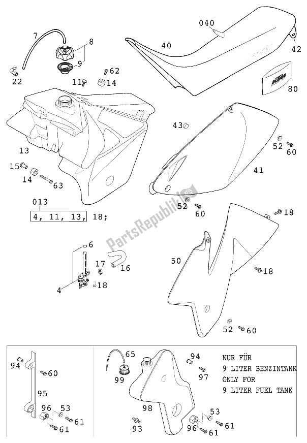 All parts for the Fuel Tank, Seat, Cover Racing of the KTM 400 EXC Racing Europe 2000