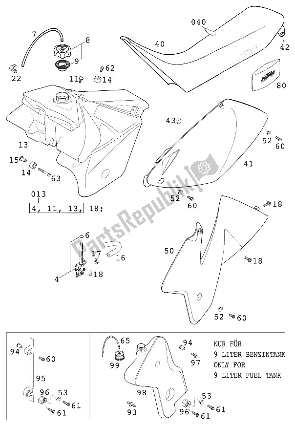 Todas las partes para Tanque De Combustible, Asiento, Cubierta De Carreras de KTM 520 EXC Racing Europe 2000