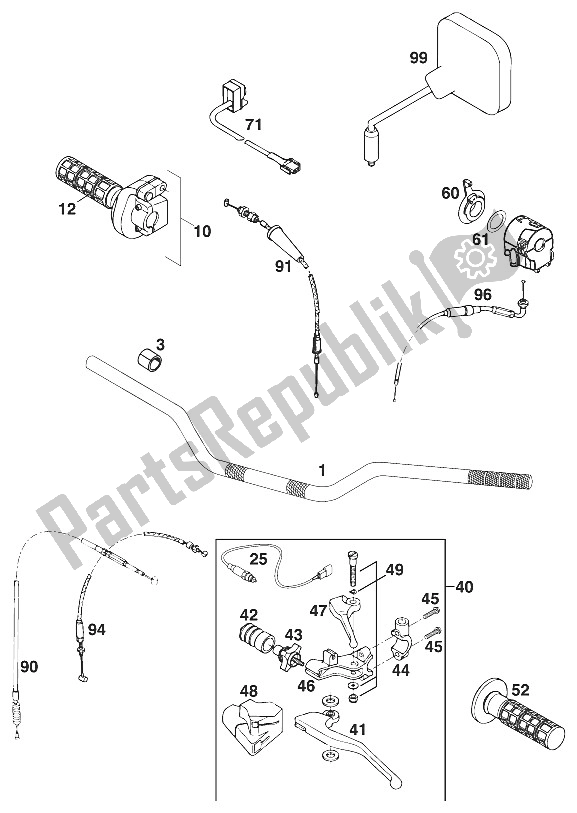 Tutte le parti per il Manubrio - Controlla Egs-e / Ls '97 del KTM 400 EGS E 29 KW 11 LT Blau Europe 1997