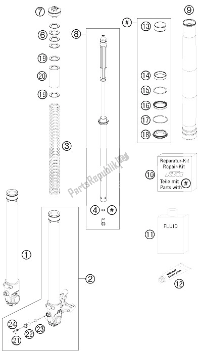 Tutte le parti per il Forcella Anteriore Smontata del KTM 690 Duke Black Europe 2011