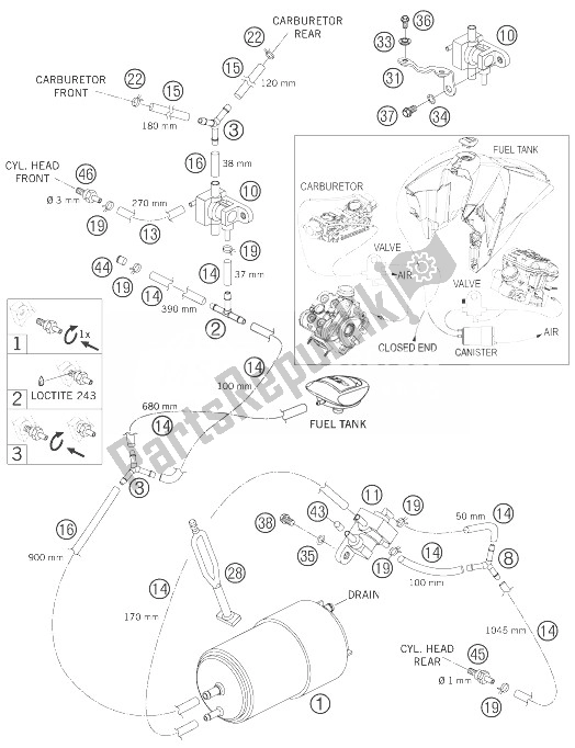 All parts for the Evaporative Canister of the KTM 950 Supermoto Orange 07 USA 2007