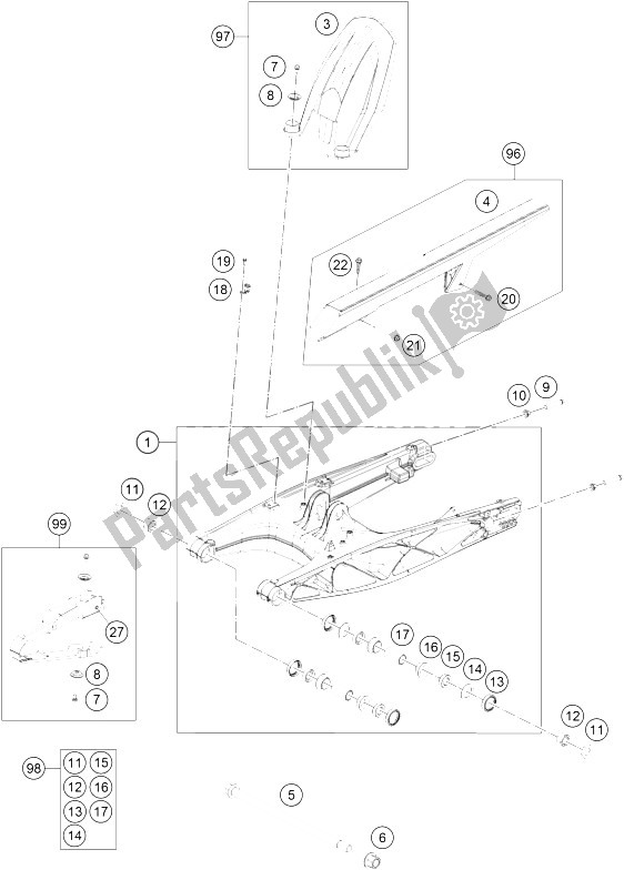 Alle onderdelen voor de Zwenkarm van de KTM 200 Duke Orange CKD Malaysia 2012