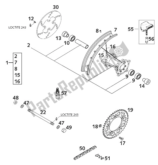 Todas as partes de Roda Traseira 65sx 2001 do KTM 65 SX Europe 600116 2001