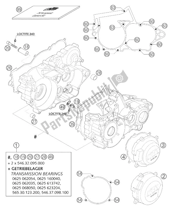 All parts for the Engine Case 250/300 of the KTM 250 EXC Australia 2004