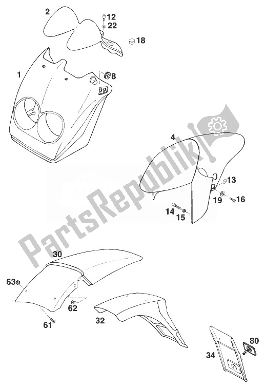 Toutes les pièces pour le Ailes, Couvercle Lampe Frontale Piqûre '98 du KTM 125 Sting 80 98 Europe 1998