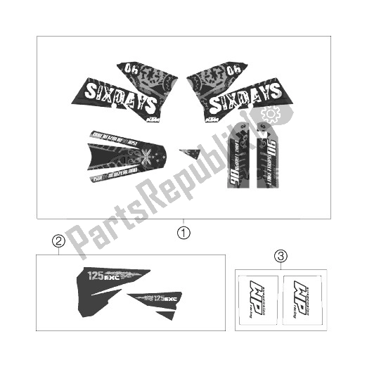 All parts for the Decal of the KTM 125 EXC SIX Days Europe 2007