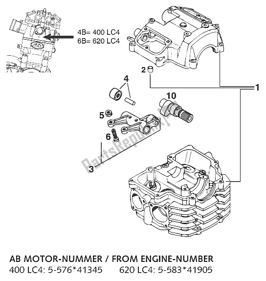 All parts for the New Parts Cylinder Head 350-620/ of the KTM 620 Super Comp WP 19 KW France 1995