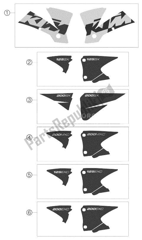 All parts for the Decal 125/200 of the KTM 125 EXC Europe 2003