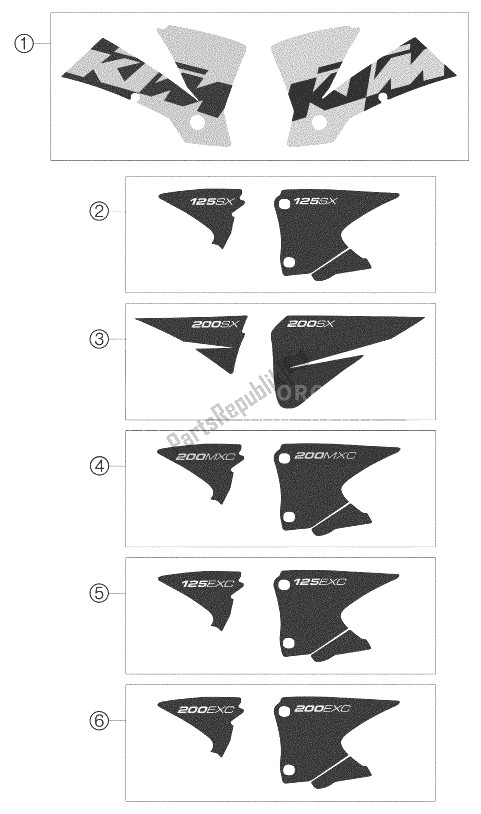 All parts for the Decal 125/200 of the KTM 125 EXC SIX Days Europe 2003