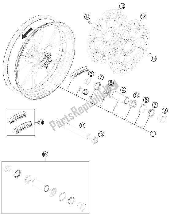 All parts for the Front Wheel of the KTM 990 Supermoto R Australia United Kingdom 2011