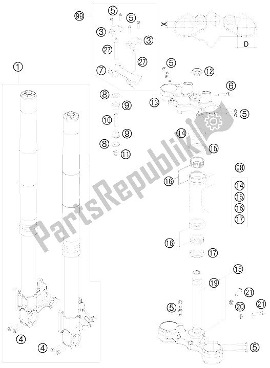 All parts for the Front Fork of the KTM 990 Supermoto Orange France 2009