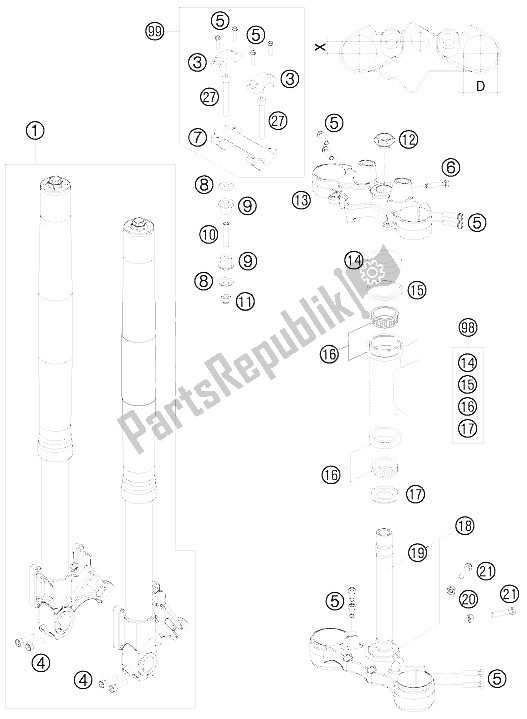 All parts for the Front Fork of the KTM 990 Supermoto R France 2009