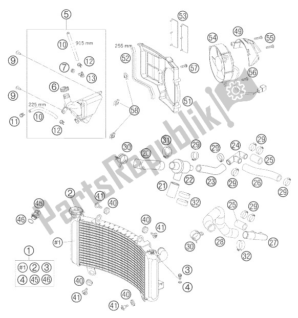 All parts for the Cooling System of the KTM 990 Super Duke Anthrazit 07 France 2007