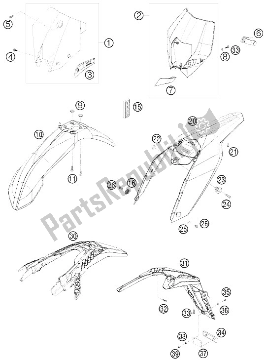 All parts for the Mask, Fenders of the KTM 250 EXC Australia 2008