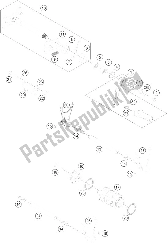 All parts for the Shifting Mechanism of the KTM 450 Rally Factory Replica Europe 2015