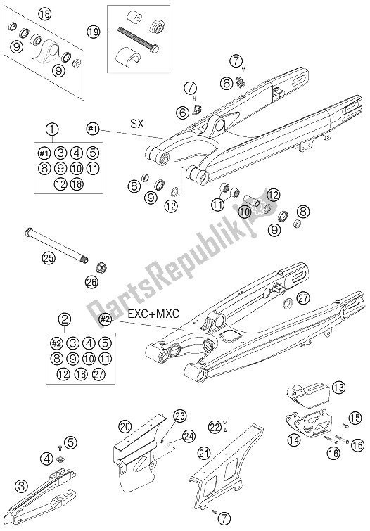 All parts for the Swing Arm of the KTM 125 EXC SIX Days Europe 2005