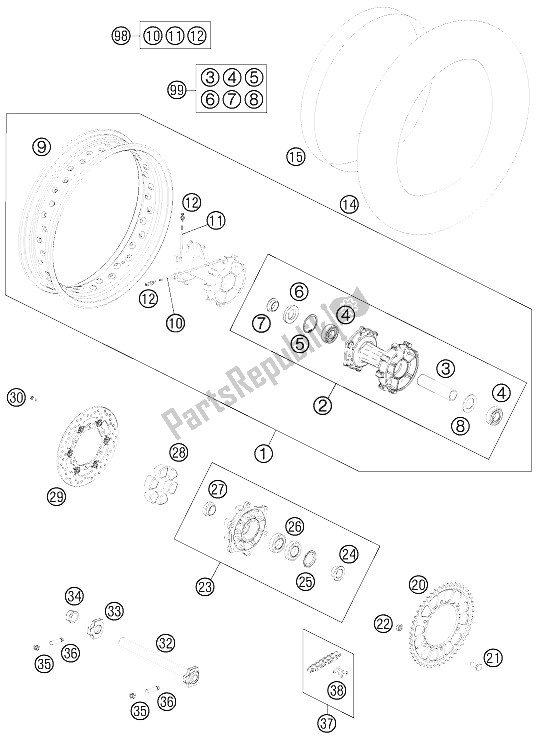 All parts for the Rear Wheel of the KTM 990 Adventure R Australia United Kingdom 2011