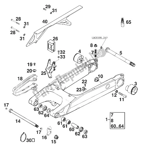 Todas las partes para Schwingarm, Kettenschutz Duque de KTM 640 Duke II Lime USA 2000