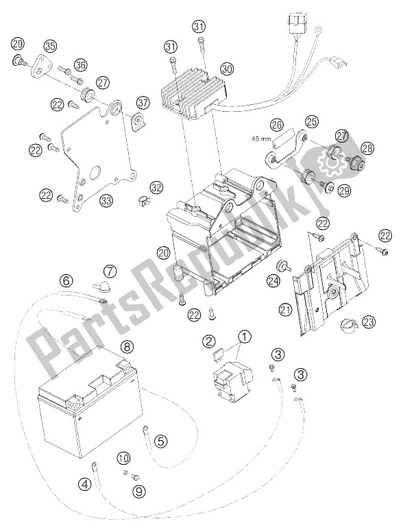 All parts for the Battery Box of the KTM 990 Superduke Orange Europe 2006