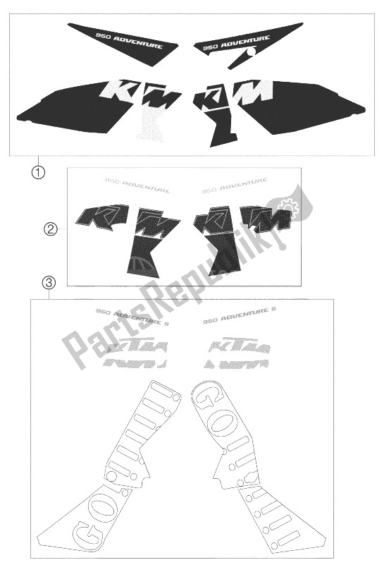 Tutte le parti per il Decalcomania Lc8 del KTM 950 Adventure S Blue High USA 2004