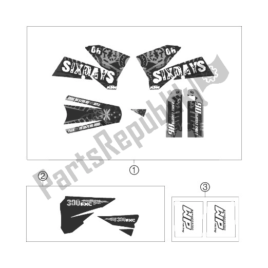 All parts for the Decal of the KTM 300 EXC SIX Days Europe 2007