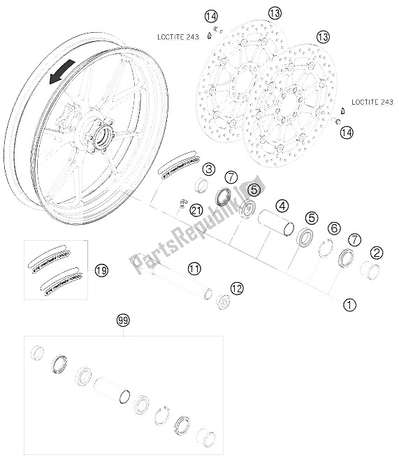 All parts for the Front Wheel of the KTM 1190 RC 8 R Europe 2009