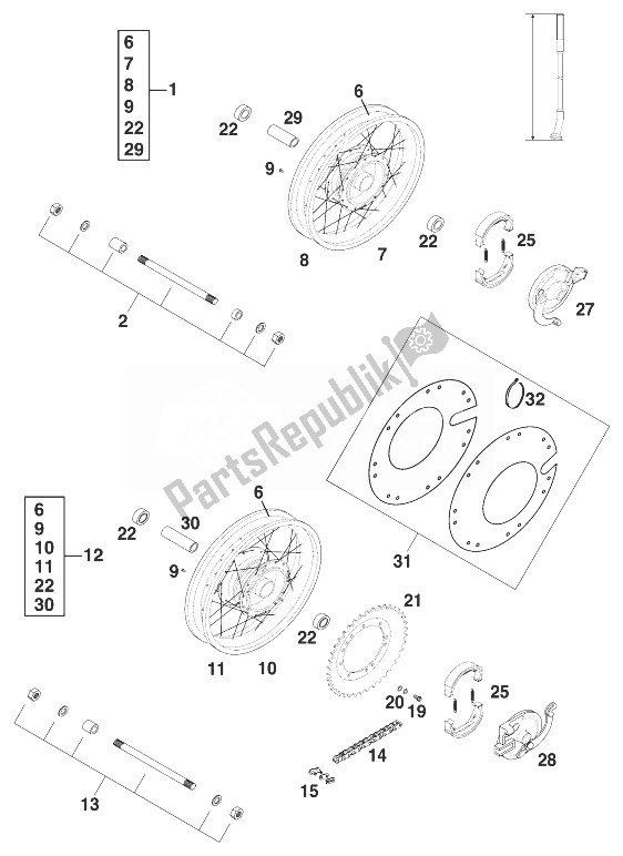 Tutte le parti per il Ruota Anteriore - Ruota Posteriore 50 Sxr '99 del KTM 50 SX PRO Senior Europe 1999