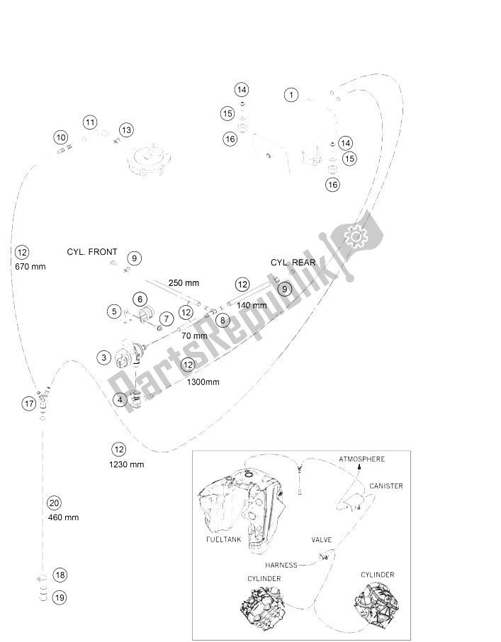 All parts for the Evaporate Canister of the KTM 1290 Super Adventure WH ABS 16 USA 2016