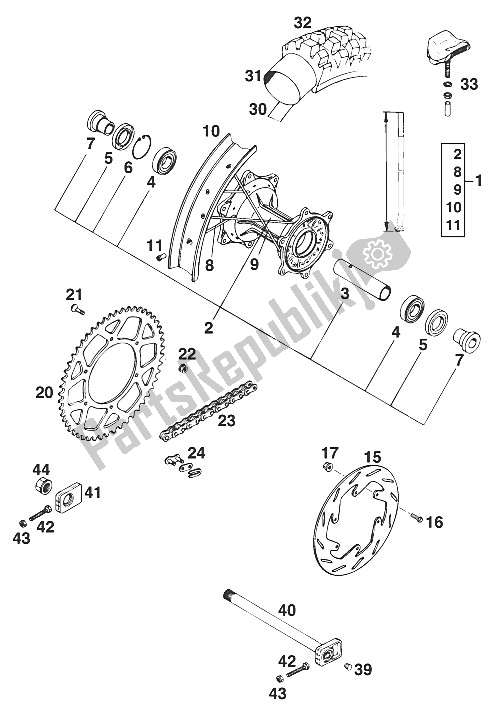 Todas as partes de Roda Traseira 125/440/550 '95 do KTM 125 SX Marz OHL Europe 1995