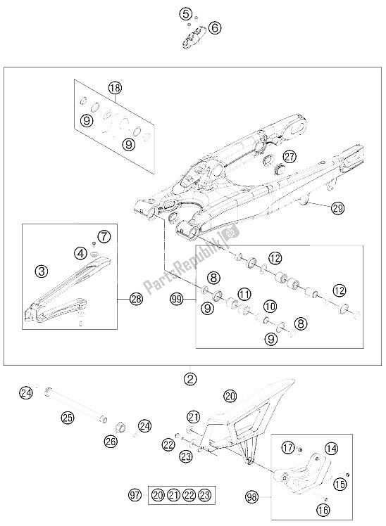 Alle onderdelen voor de Zwenkarm van de KTM 125 EXC Europe 2012