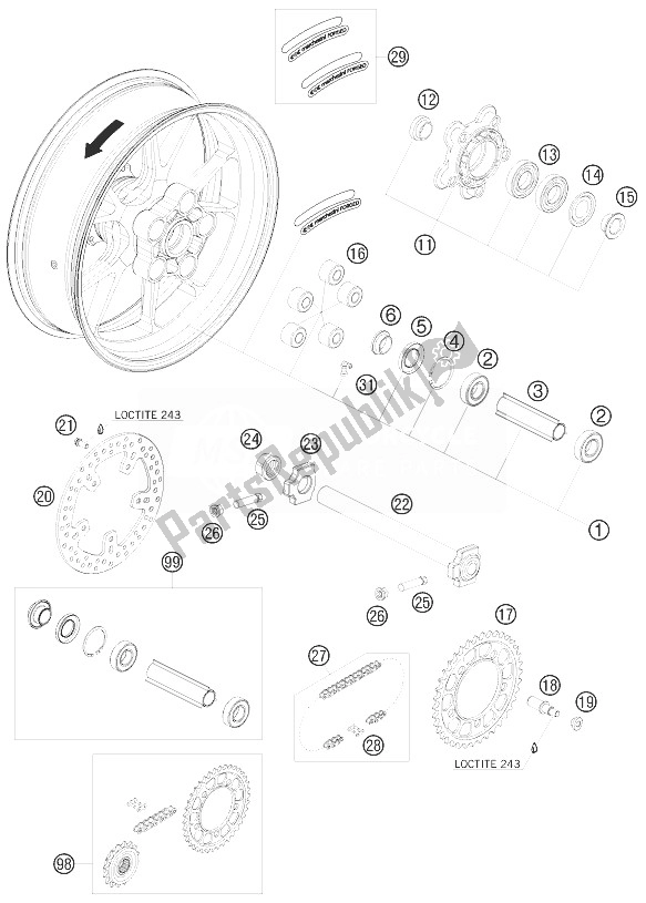 All parts for the Rear Wheel of the KTM 990 Supermoto R Europe 2010