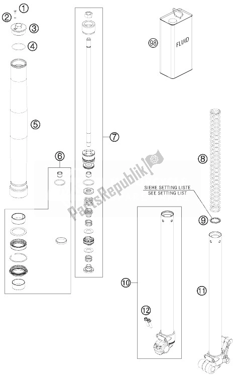Alle onderdelen voor de Voorvork Gedemonteerd van de KTM 50 SX Europe 2014