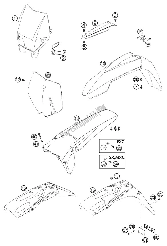 Tutte le parti per il Parafango 125-380 2002 del KTM 200 EXC Australia 2002