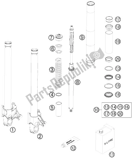 All parts for the Front Fork Disassembled of the KTM 990 Super Duke R Australia United Kingdom 2009