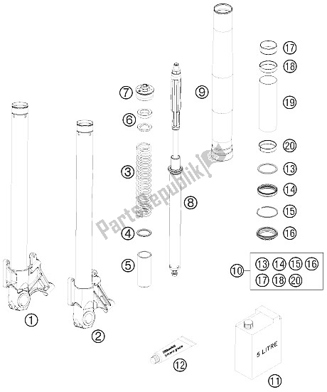 All parts for the Front Fork Disassembled of the KTM 990 Super Duke R Europe 2009
