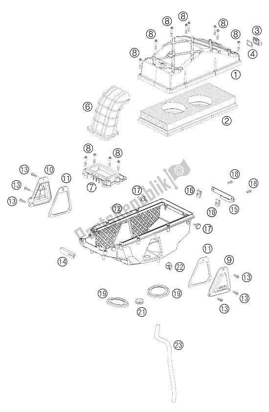 All parts for the Air Filter Box of the KTM 990 Superduke Orange Europe 2006