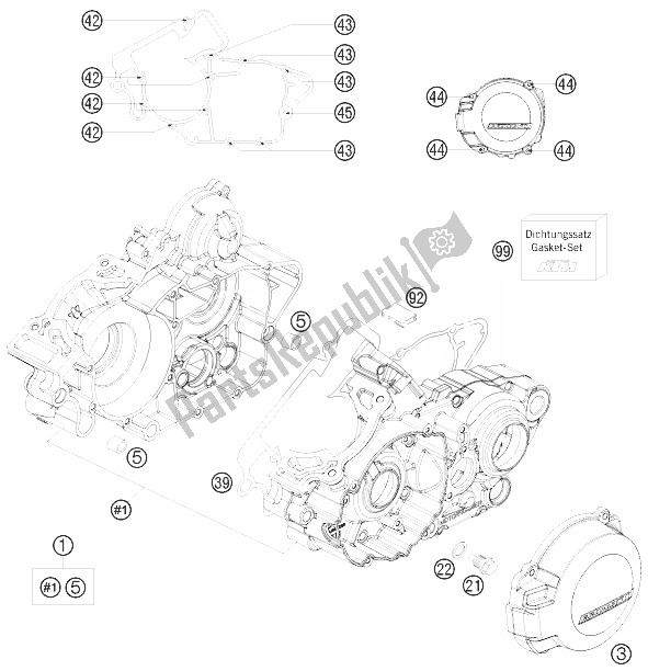 All parts for the Engine Case of the KTM 125 EXC Champion Edition Europe 2010