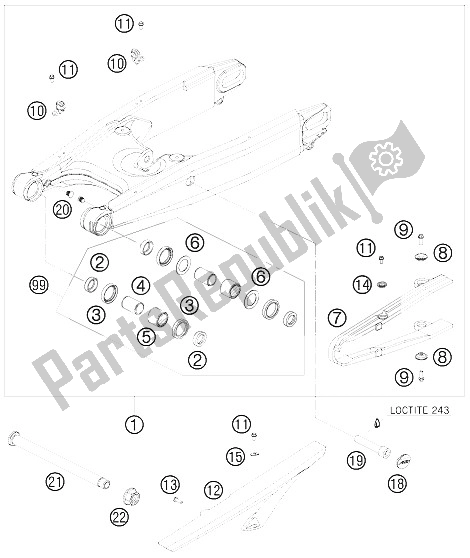 All parts for the Swingarm of the KTM 990 Super Duke Black Australia United Kingdom 2008