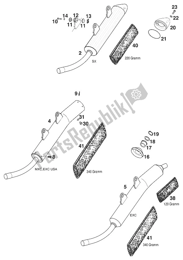 All parts for the Silencer 380 200 of the KTM 380 EXC Europe 2001