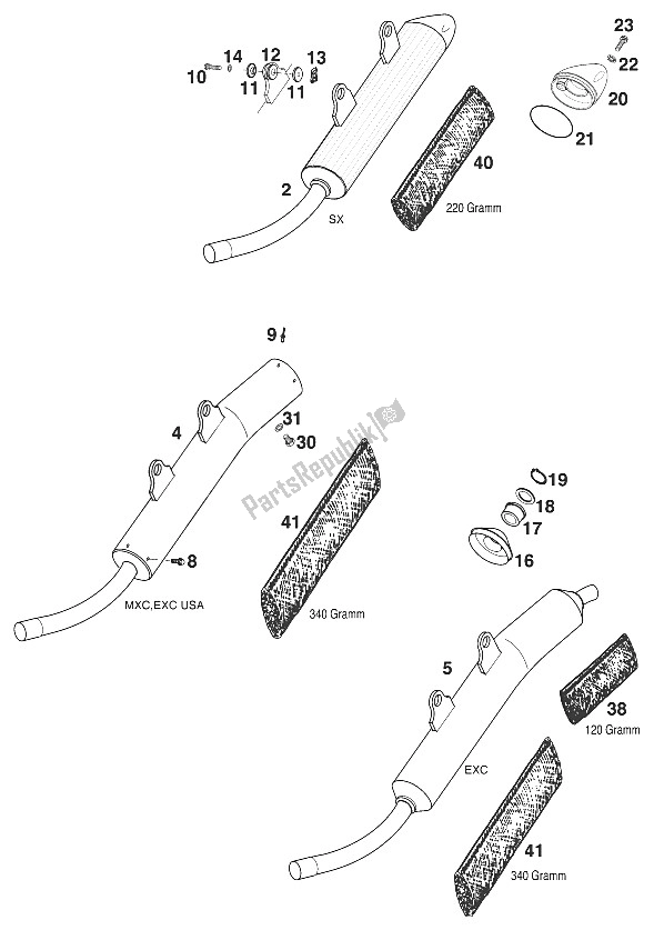 Alle onderdelen voor de Geluiddemper 380 200 van de KTM 380 EXC USA 2001