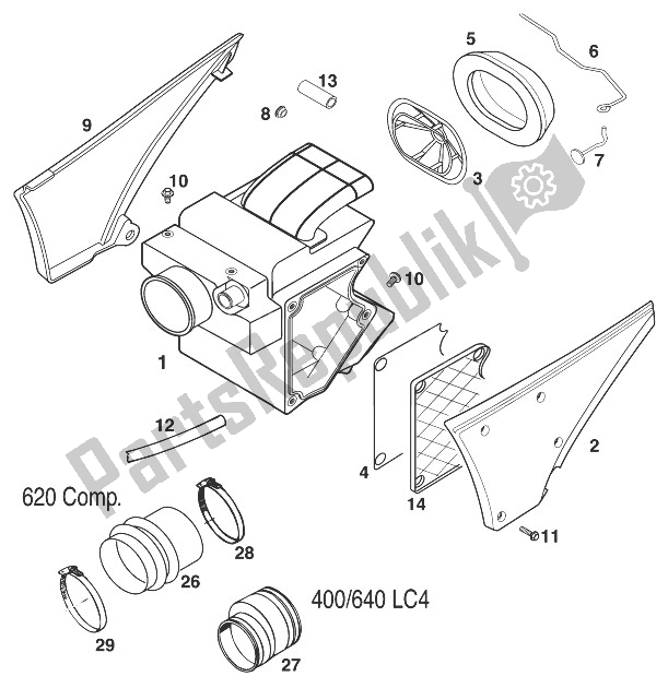 Todas las partes para Caja De Filtro De Aire 400/620 / 640lc4'98 de KTM 640 LC 4 Silber 99 USA 1999