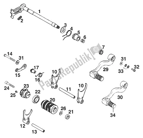 All parts for the Gear Change Mechanism Lc4 Sx,sc. Egs '97 of the KTM 400 SUP Comp WP 18 KW Australia 1997