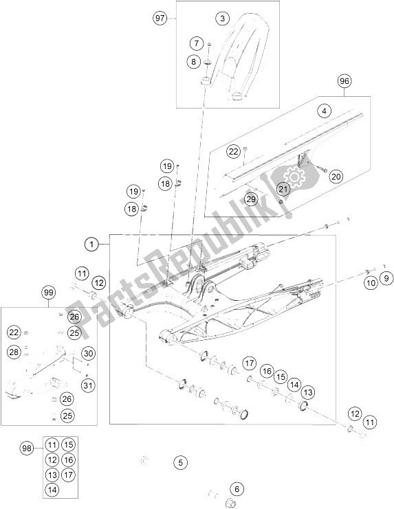 All parts for the Swing Arm of the KTM 200 Duke OR W O ABS CKD 15 Argentina 2015