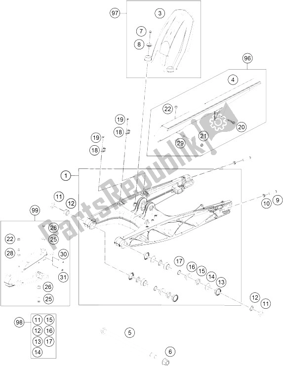 Alle onderdelen voor de Zwenkarm van de KTM 200 Duke OR W O ABS CKD 15 Malaysia 2015