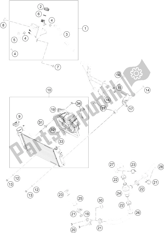 All parts for the Cooling System of the KTM RC 390 White ABS B D 15 Asia 2015