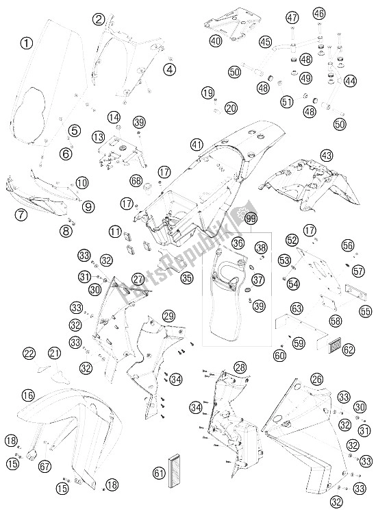 All parts for the Mask, Fenders of the KTM 990 Adventure S Australia United Kingdom 2008