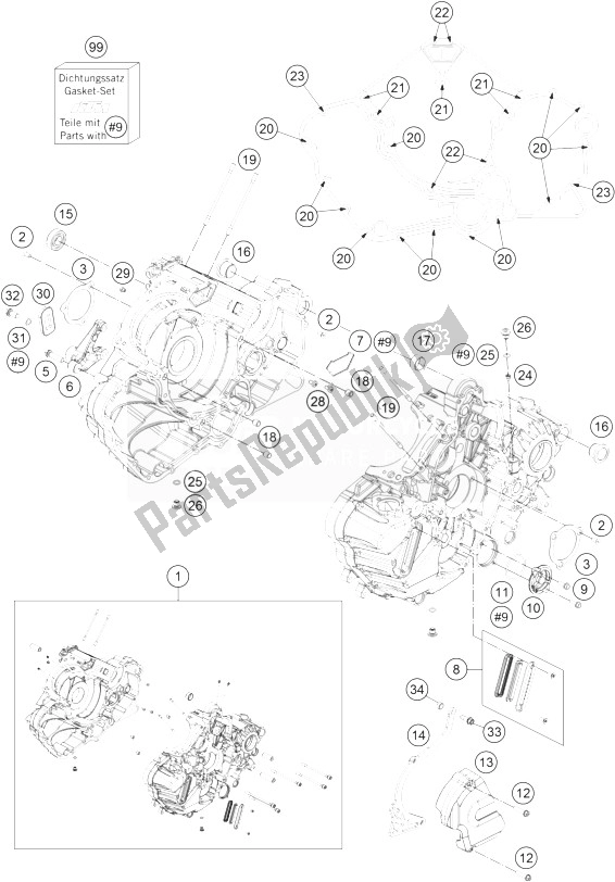 All parts for the Engine Case of the KTM 1190 Adventure ABS Orange Australia 2013