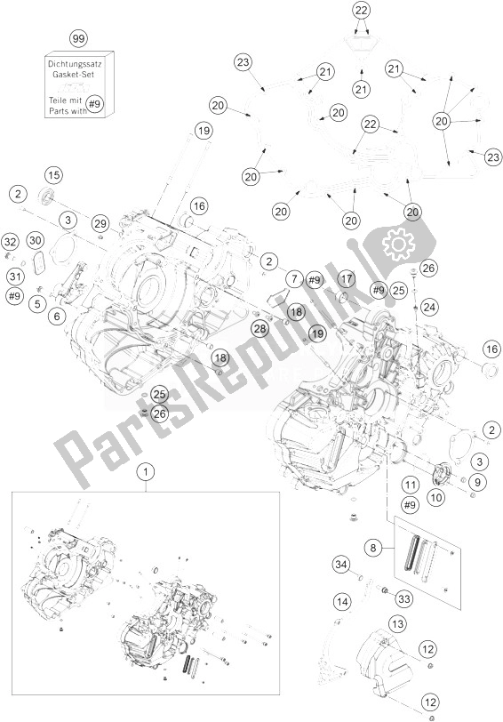 All parts for the Engine Case of the KTM 1190 Adventure ABS Orange Europe 2013