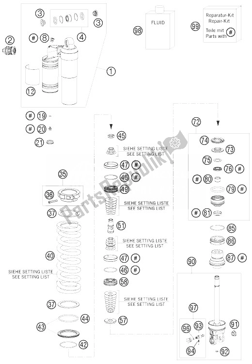 All parts for the Shock Absorber Disassembled of the KTM 450 EXC Champion Edit Europe 2010